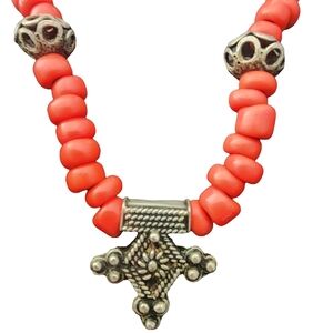 Moroccan Coral Beaded Necklace with Silver Accents Boghdad Cross
